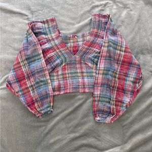Free People Marlena Plaid V neck Blouse